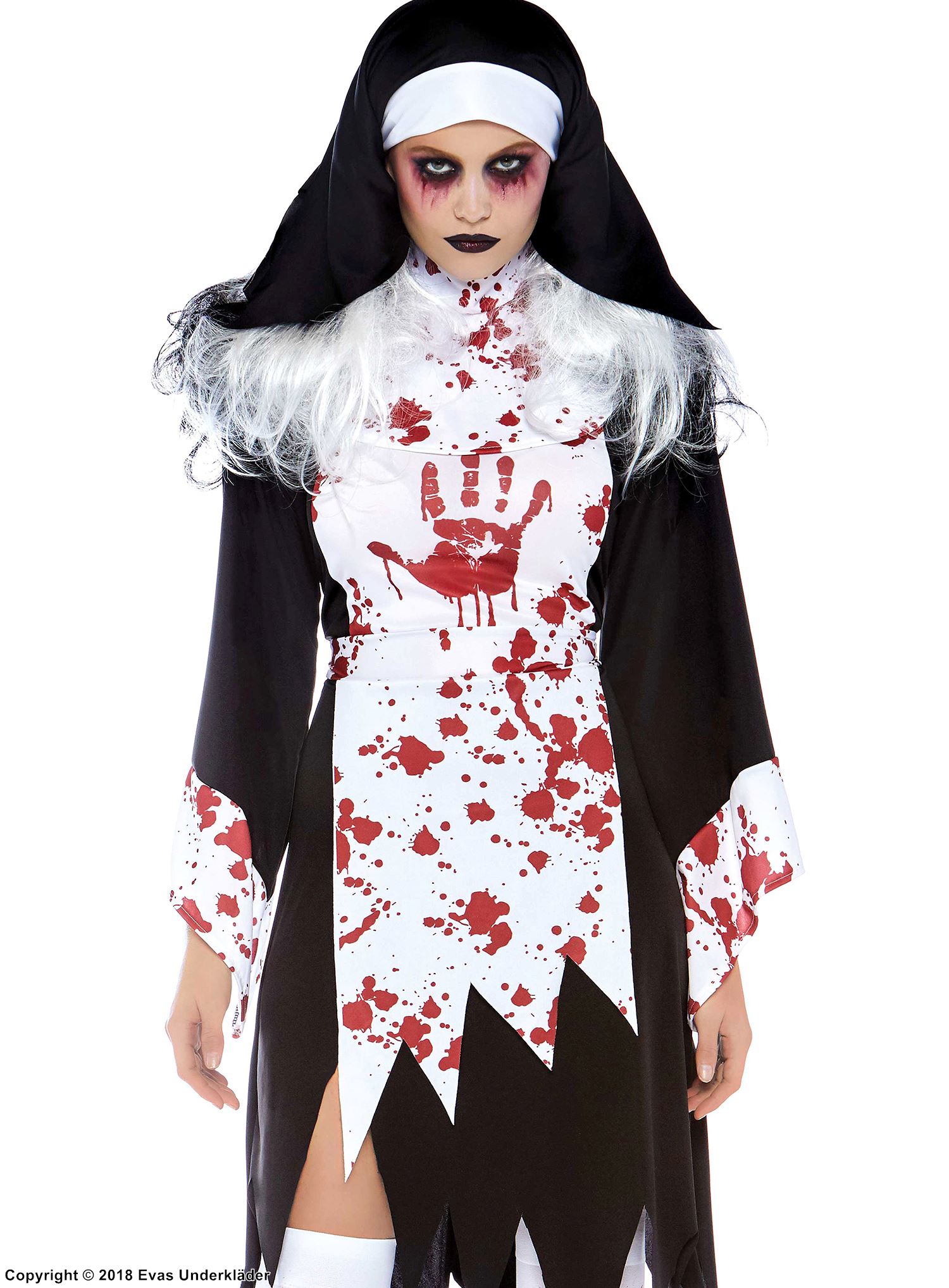 Läskig nunna, maskeradklänning med revor, blodstänk